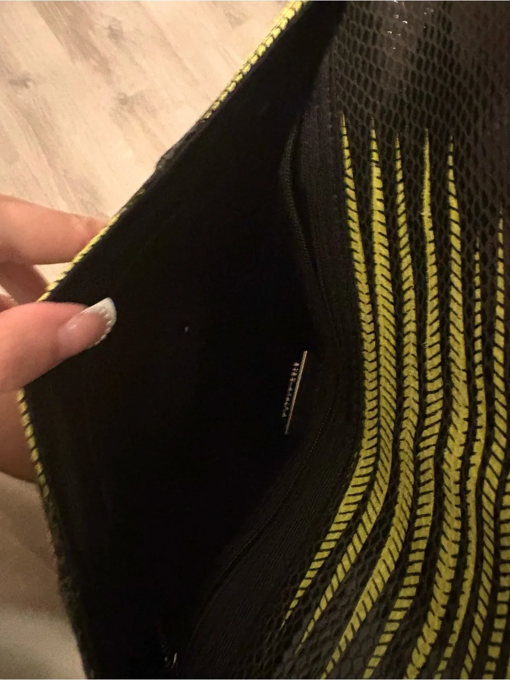 BCBGMAXAZRIA Black Yellow Striped Zip Around Wallet Credit Card Slots Women